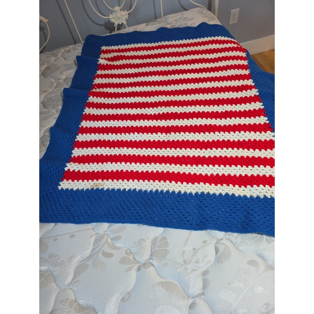 Crochet Afghan Blanket Throw Red White Blue Striped rectangle 55x49" Granny Core - Picture 2 of 6